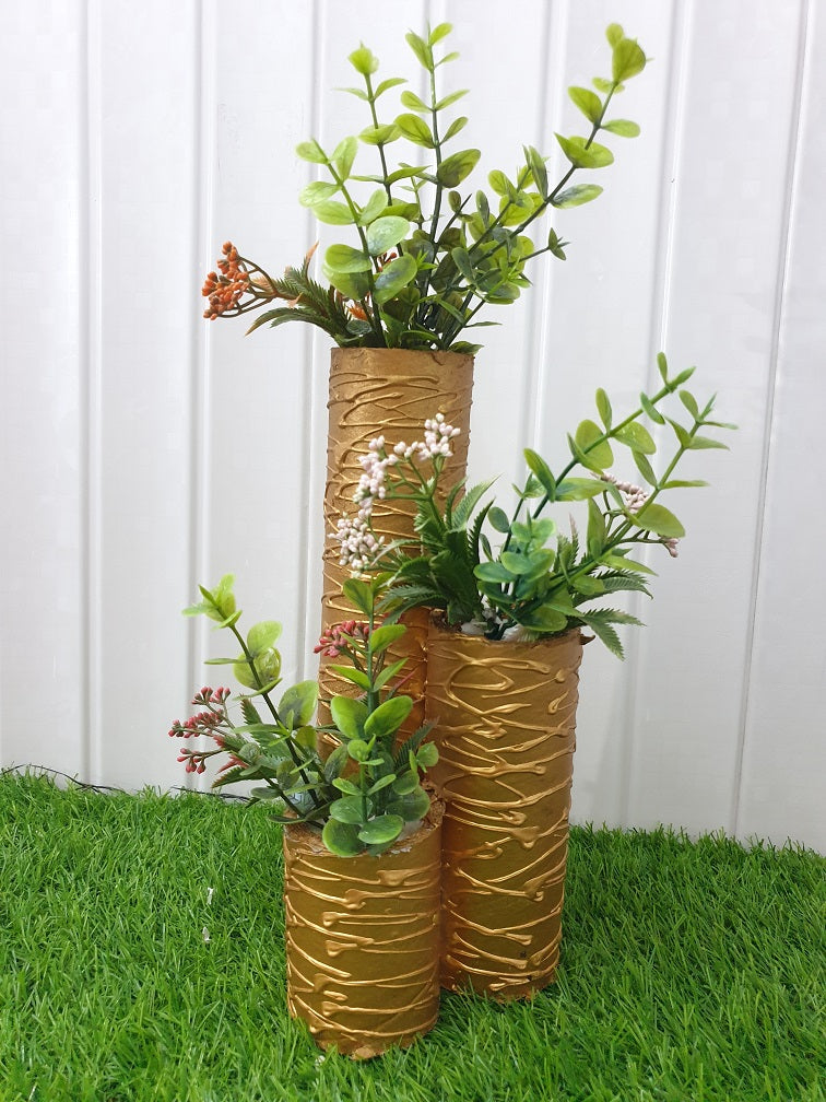 Triple Cone Vase with Flowers - 3-in-1 Decorative Vase - Modern Gold Textured Design - 12-Inch Table Decoration - Black & Gold Variants Bazm-e-Decor