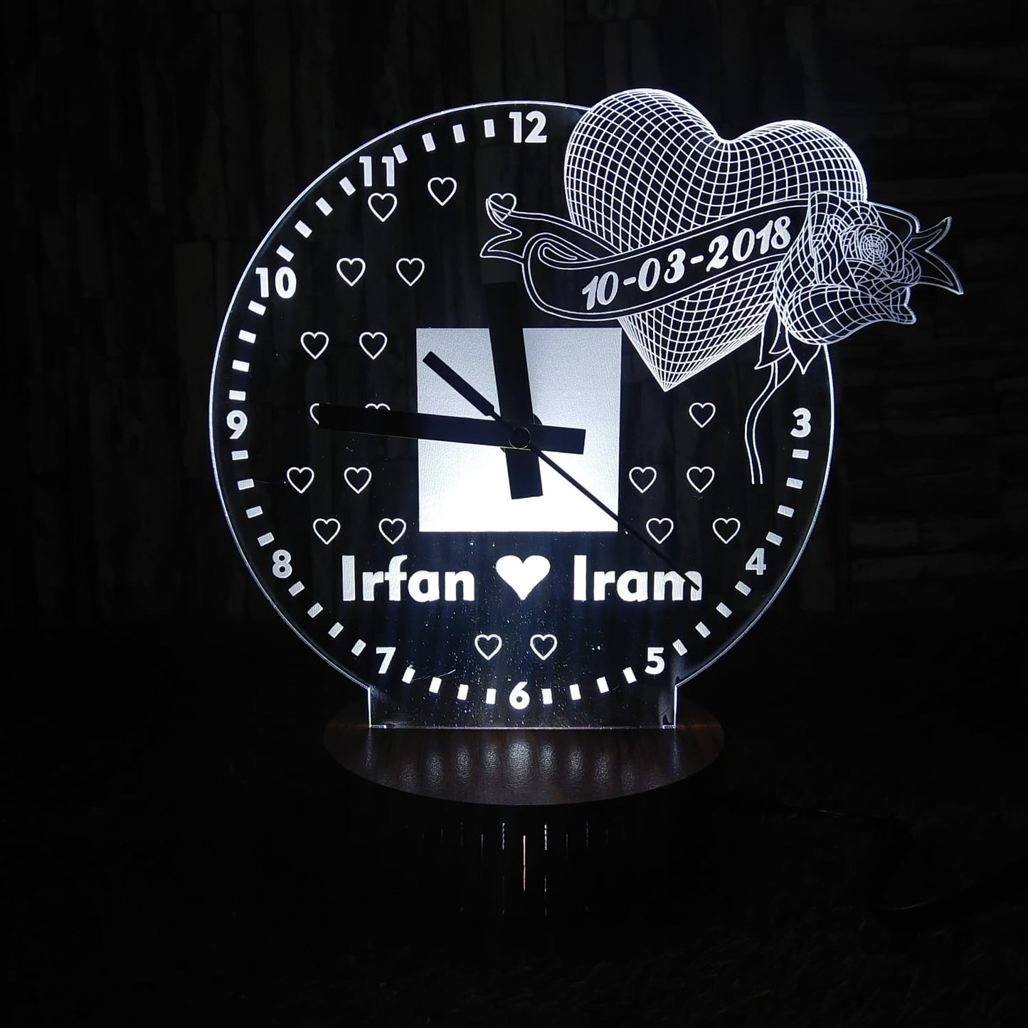 Customizable 3D Heart Clock Acrylic Night Lamp with Name Illusion Bazm-e-Decor