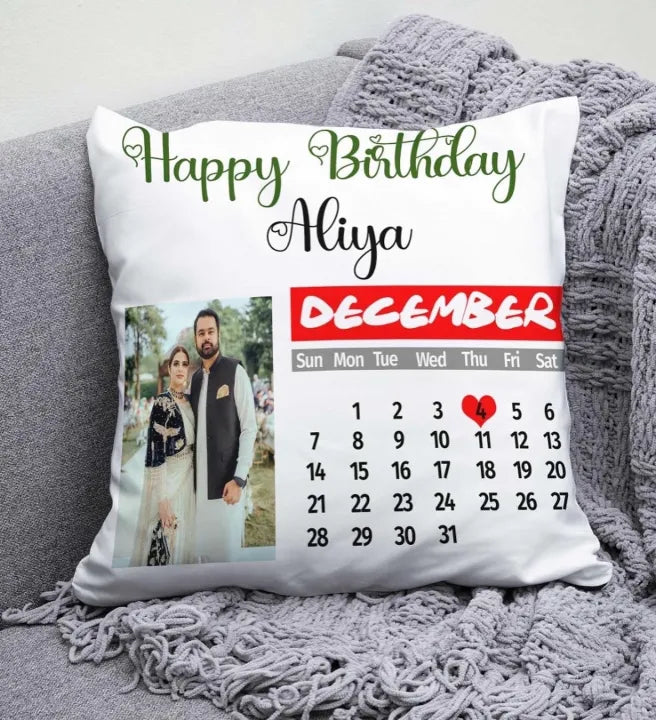 Personalized Calendar Cushion with Stylish Design | Custom Photo & Name Pillow Cover Bazm-e-Decor