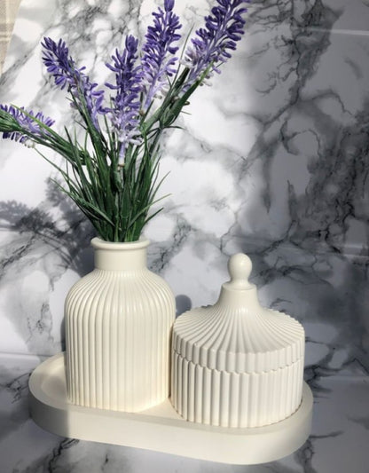 3-Piece Concrete Home Decor Set: Ribbed Vase, Jewelry Storage Box, Oval Tray Bazm-e-Decor