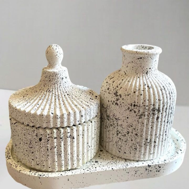 3-Piece Concrete Home Decor Set: Ribbed Vase, Jewelry Storage Box, Oval Tray Bazm-e-Decor