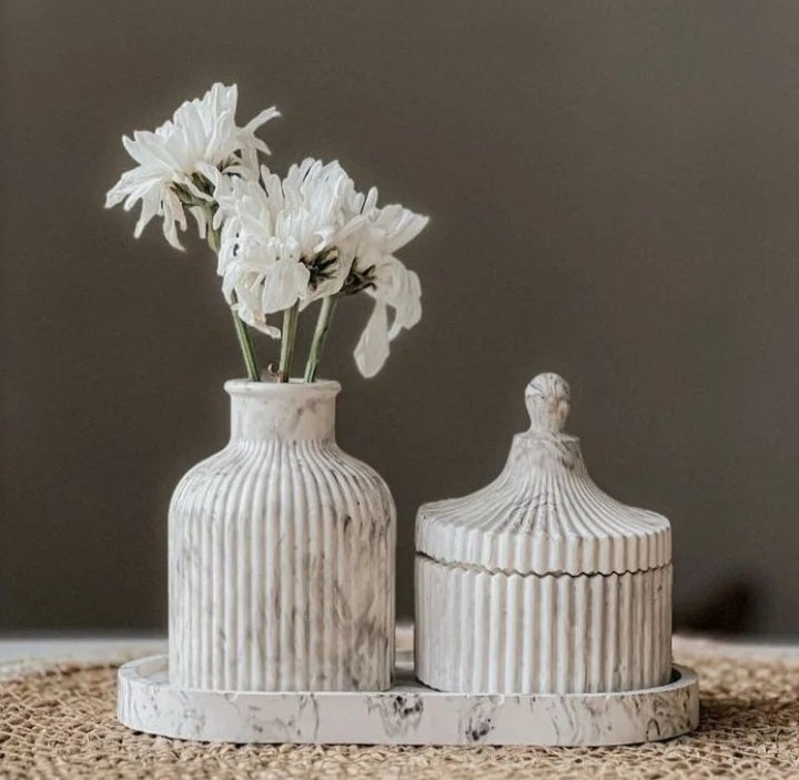 3-Piece Concrete Home Decor Set: Ribbed Vase, Jewelry Storage Box, Oval Tray Bazm-e-Decor