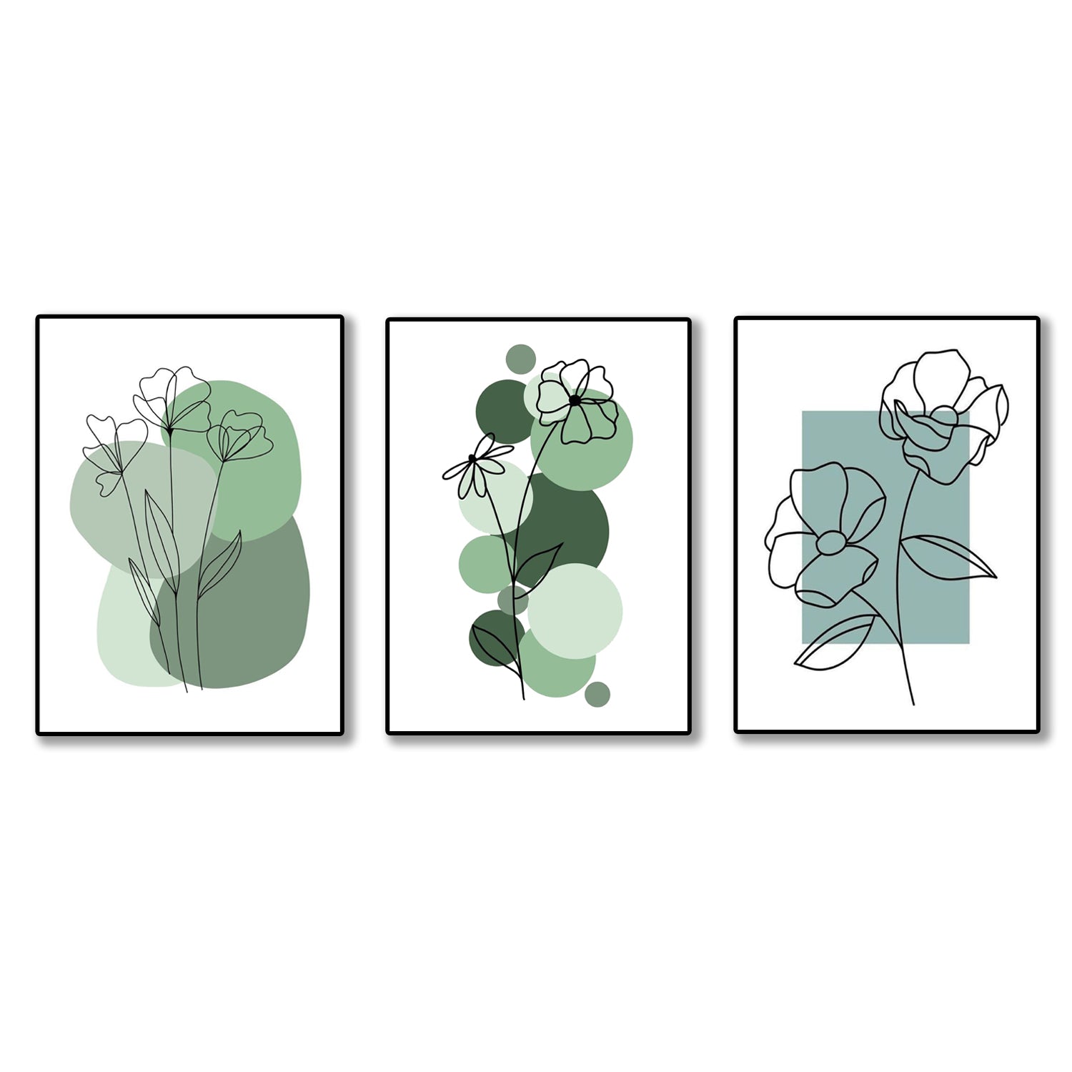 Set of 3 Abstract Plant Art Wooden Canvas Frames - Wall Décor & Sticky Photo Tiles for Home & Office Bazm-e-Decor