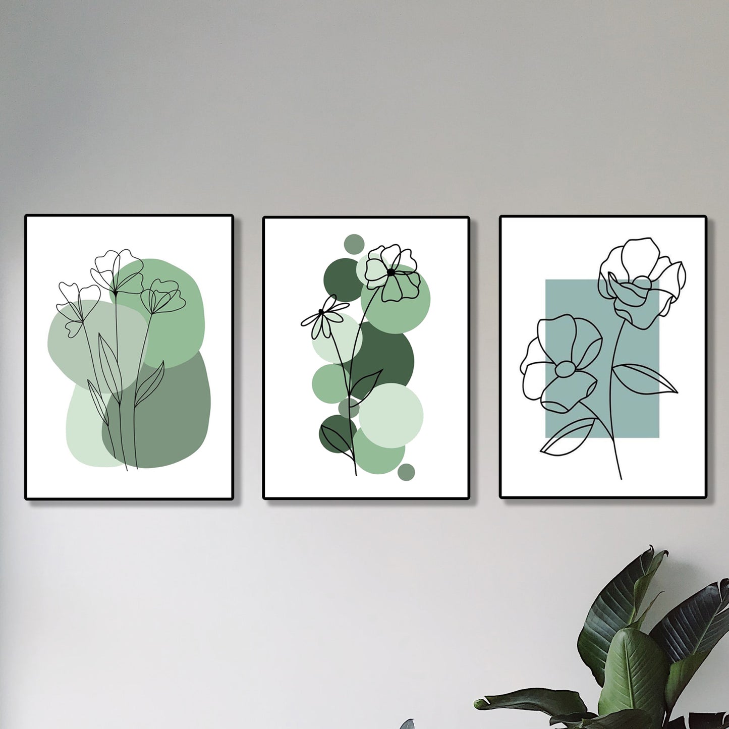 Set of 3 Abstract Plant Art Wooden Canvas Frames - Wall Décor & Sticky Photo Tiles for Home & Office Bazm-e-Decor