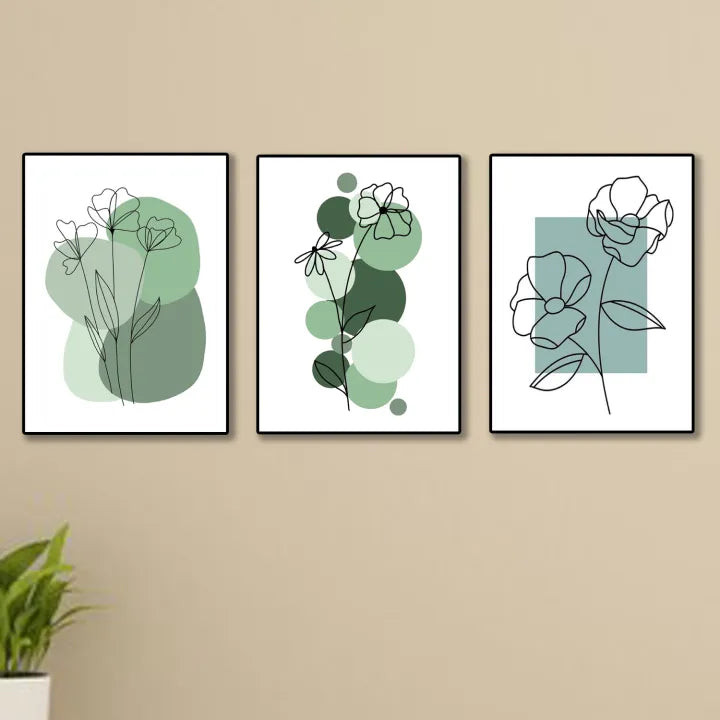 Set of 3 Abstract Plant Art Wooden Canvas Frames - Wall Décor & Sticky Photo Tiles for Home & Office Bazm-e-Decor