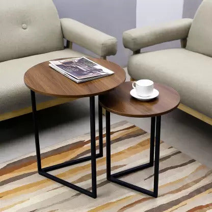 2-Piece Round Nesting Coffee Table Set with Wooden Top & Metal V-Leg Design Bazm-e-Decor