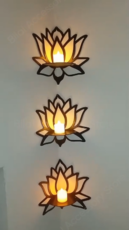 Lotus Shaped MDF Wall Shelves (Set of 3) with Candle for Home Décor Bazm-e-Decor