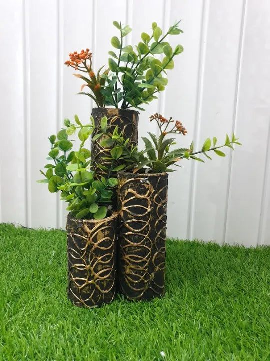 Triple Cone Vase with Flowers - 3-in-1 Decorative Vase - Modern Gold Textured Design - 12-Inch Table Decoration - Black & Gold Variants Bazm-e-Decor