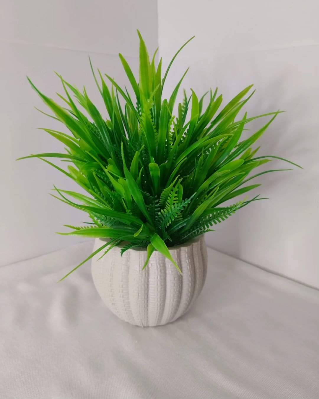 2 Pcs Artificial Green Grass Plant with White Pot - Decorative Faux Plant for Home & Office Décor Bazm-e-Decor