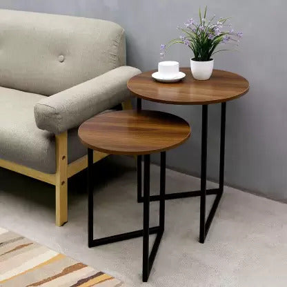 2-Piece Round Nesting Coffee Table Set with Wooden Top & Metal V-Leg Design Bazm-e-Decor