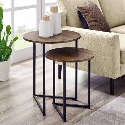 2-Piece Round Nesting Coffee Table Set with Wooden Top & Metal V-Leg Design Bazm-e-Decor