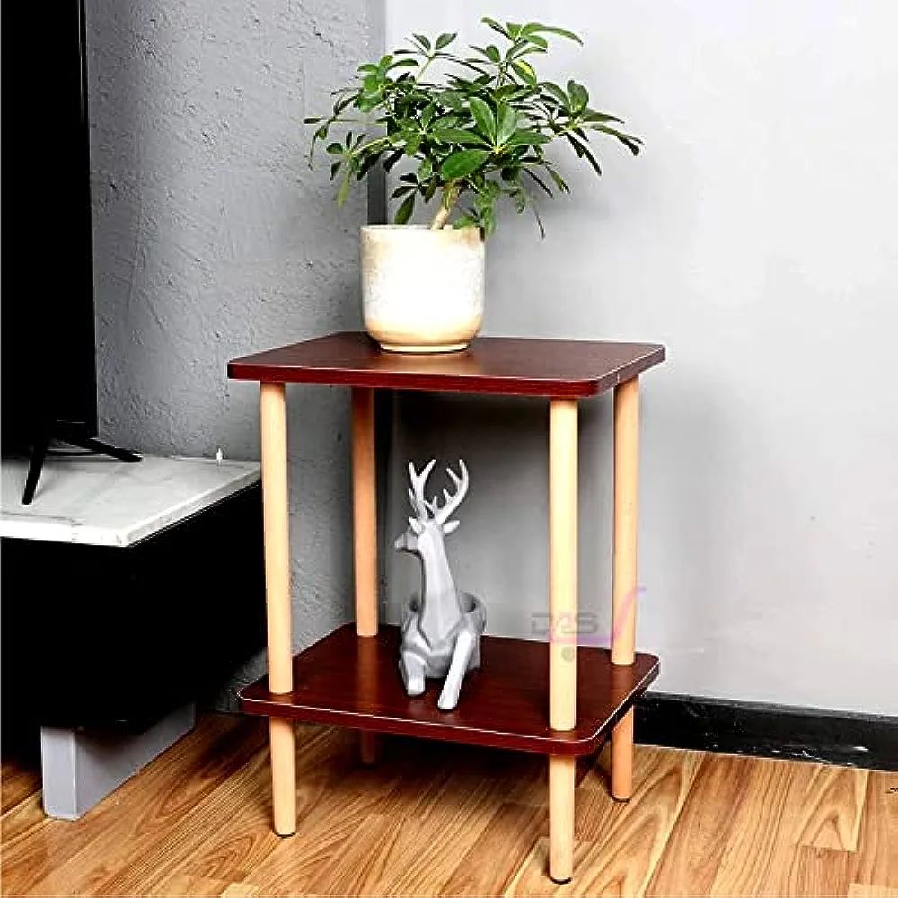 2-Tier Wooden Side Table with Storage Shelf, Square Bedside Coffee Table for Living Room, Office, Bedroom Bazm-e-Decor