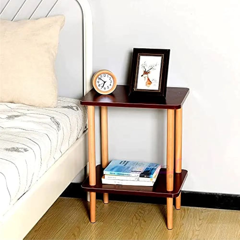 2-Tier Wooden Side Table with Storage Shelf, Square Bedside Coffee Table for Living Room, Office, Bedroom Bazm-e-Decor