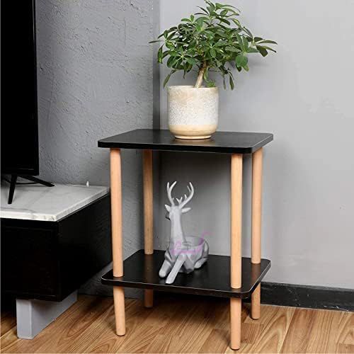 2-Tier Wooden Side Table with Storage Shelf, Square Bedside Coffee Table for Living Room, Office, Bedroom Bazm-e-Decor