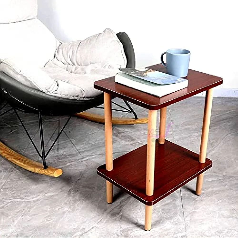 2-Tier Wooden Side Table with Storage Shelf, Square Bedside Coffee Table for Living Room, Office, Bedroom Bazm-e-Decor