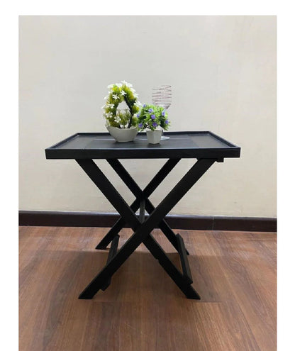 Black Coffee Table, Folding Table, 16" x 24" Top, MDF and Sheesham Wood, Black Finish Bazm-e-Decor