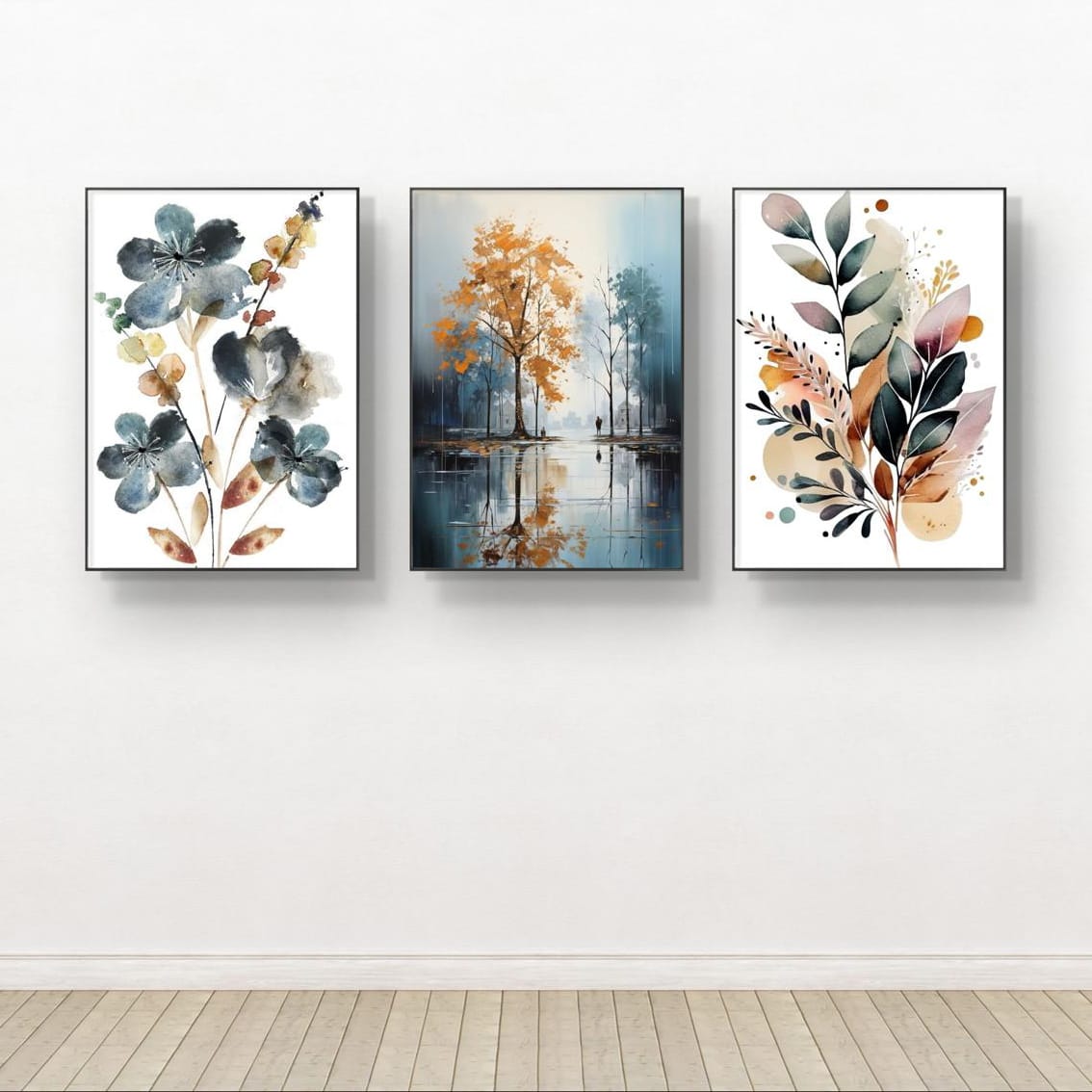 Elegant 3PCS Floral Wall Frame Set - Modern Flower Art Print for Bedroom & Living Room Home Decor Bazm-e-Decor