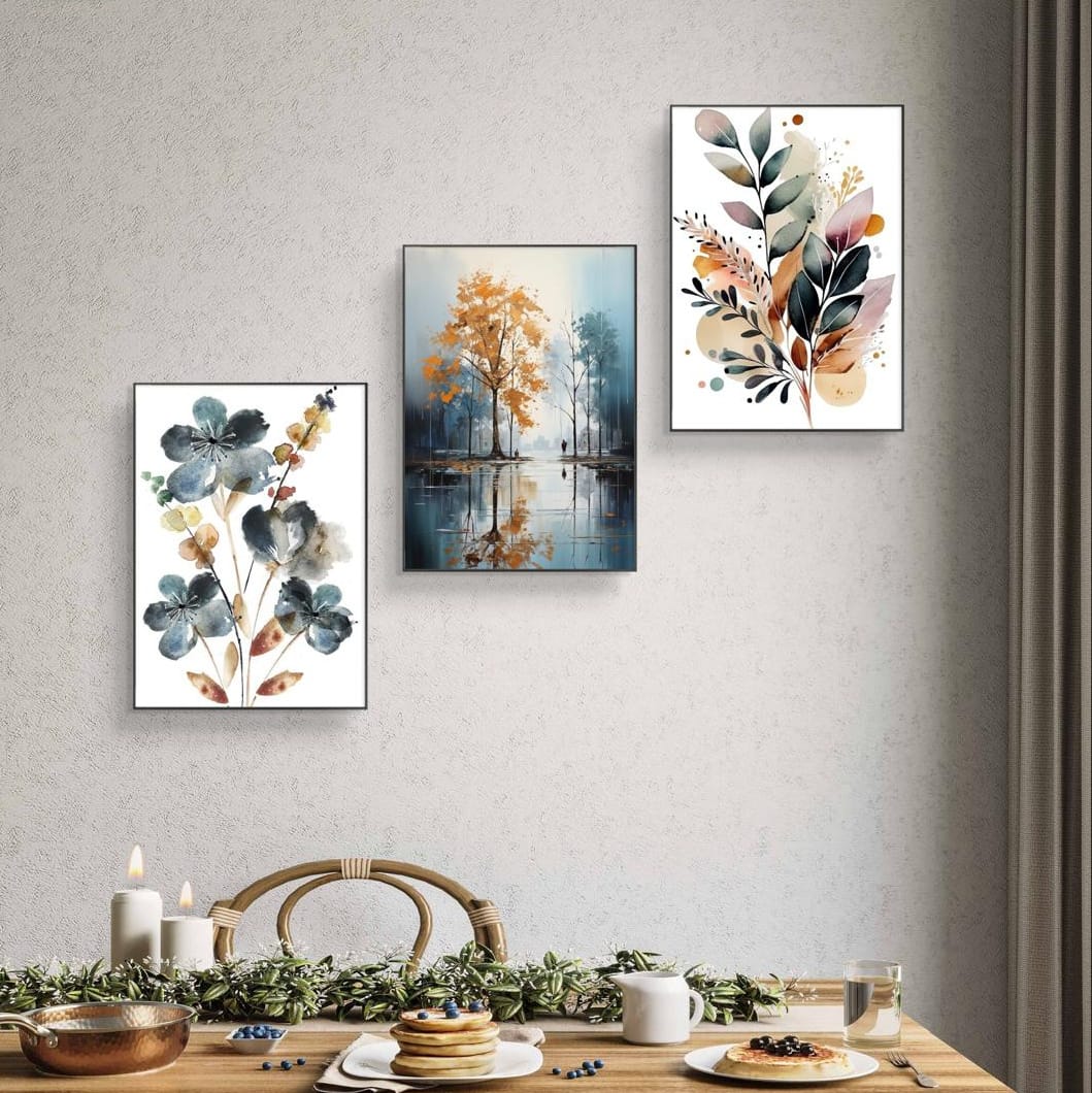 Elegant 3PCS Floral Wall Frame Set - Modern Flower Art Print for Bedroom & Living Room Home Decor Bazm-e-Decor