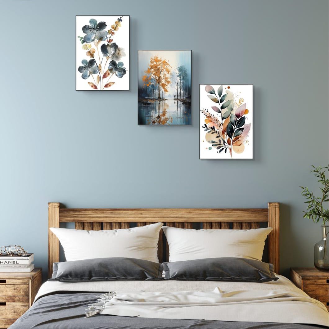 Elegant 3PCS Floral Wall Frame Set - Modern Flower Art Print for Bedroom & Living Room Home Decor Bazm-e-Decor