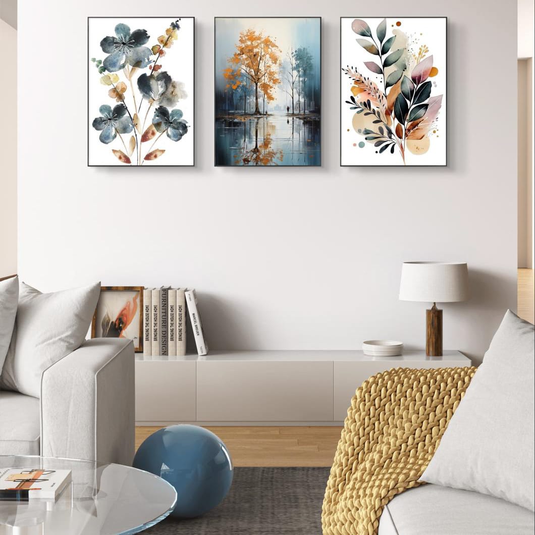 Elegant 3PCS Floral Wall Frame Set - Modern Flower Art Print for Bedroom & Living Room Home Decor Bazm-e-Decor