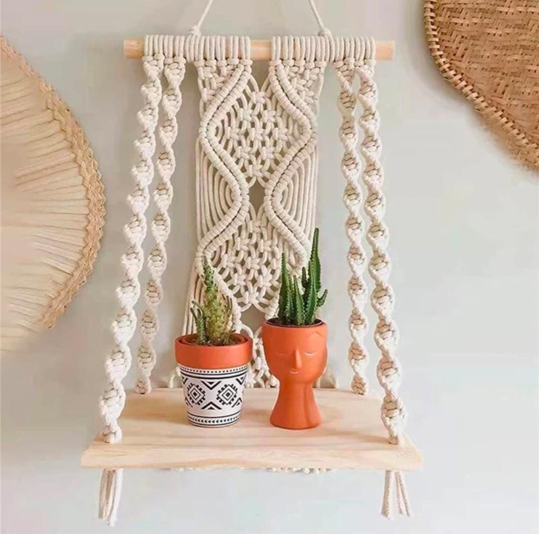 Handmade Macramé Wooden Wall Hanging Shelf for Home & Office Decor | Modern Boho Wall Art Decoration Bazm-e-Decor