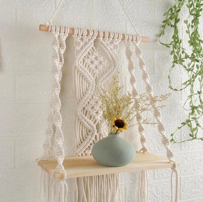 Handmade Macramé Wooden Wall Hanging Shelf for Home & Office Decor | Modern Boho Wall Art Decoration Bazm-e-Decor