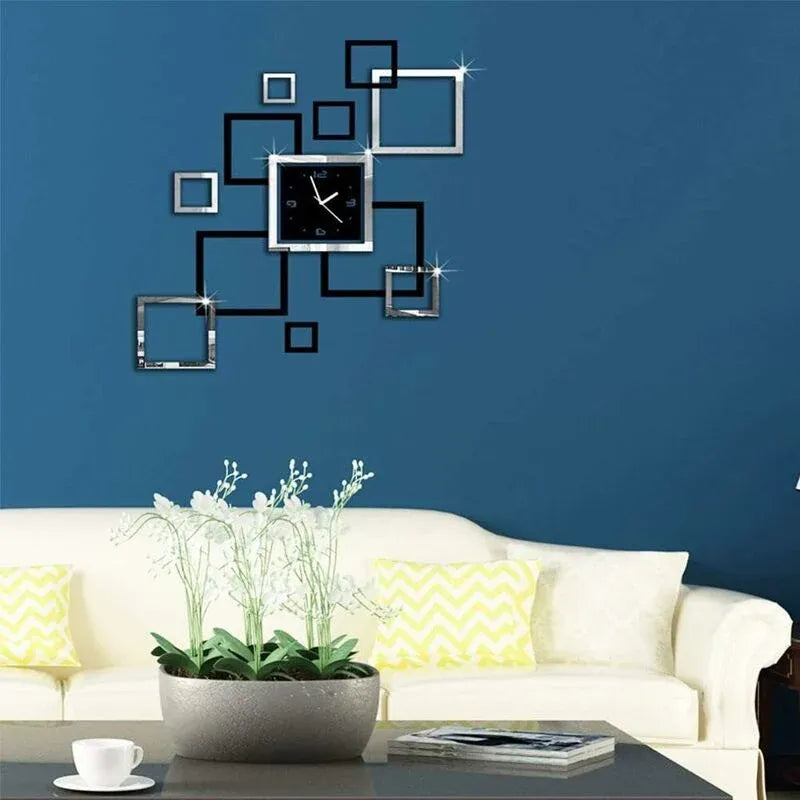 Modern 3D DIY Acrylic Wall Clock, Creative Square Mirror Design, Quartz Movement, Wooden Accent, Home Decor, Golden Black / Silver Black Bazm-e-Decor