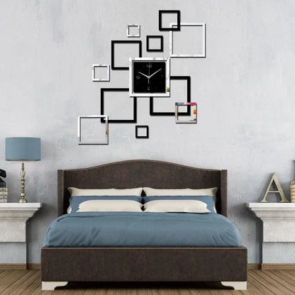 Modern 3D DIY Acrylic Wall Clock, Creative Square Mirror Design, Quartz Movement, Wooden Accent, Home Decor, Golden Black / Silver Black Bazm-e-Decor