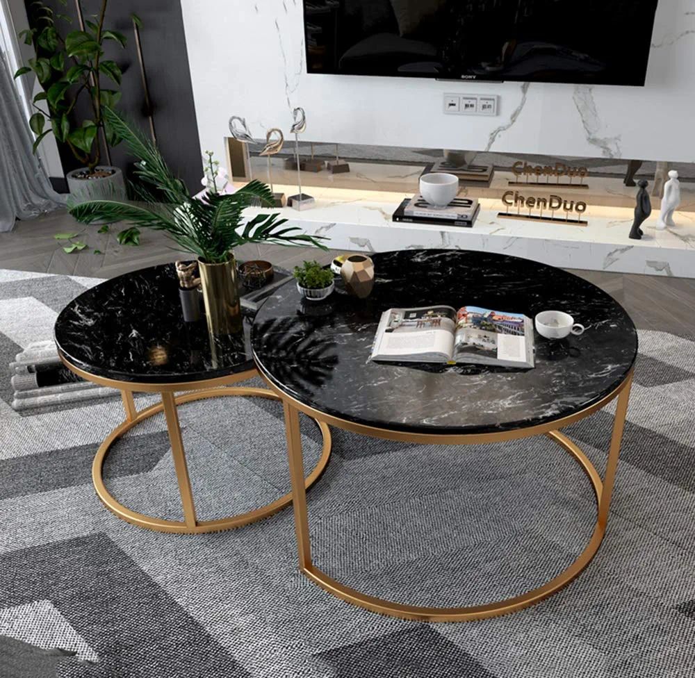 Modern Marble Top Coffee Table Set of 2 - Minimalist Wooden & Metal Structure, Elegant Design for Living Room & Cocktail Spaces Bazm-e-Decor