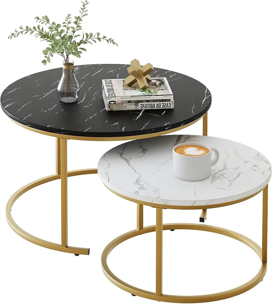 Modern Marble Top Coffee Table Set of 2 - Minimalist Wooden & Metal Structure, Elegant Design for Living Room & Cocktail Spaces Bazm-e-Decor