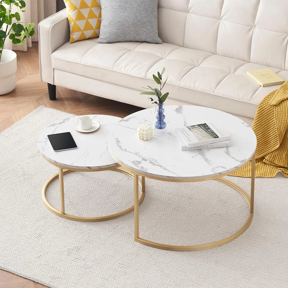 Modern Marble Top Coffee Table Set of 2 - Minimalist Wooden & Metal Structure, Elegant Design for Living Room & Cocktail Spaces Bazm-e-Decor