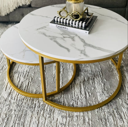 Modern Marble Top Coffee Table Set of 2 - Minimalist Wooden & Metal Structure, Elegant Design for Living Room & Cocktail Spaces Bazm-e-Decor