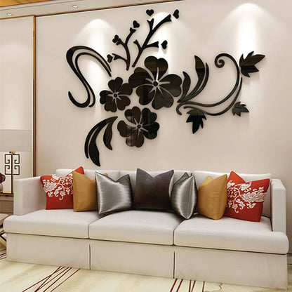 Romantic Wooden Wall Stickers - 3D Flower Vine Tree Acrylic Crystal Decor for Living Room, TV Area, Sofa Wall Bazm-e-Decor