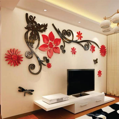 Romantic Wooden Wall Stickers - 3D Flower Vine Tree Acrylic Crystal Decor for Living Room, TV Area, Sofa Wall Bazm-e-Decor