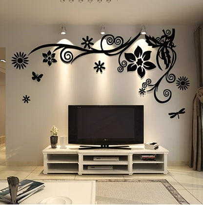 Romantic Wooden Wall Stickers - 3D Flower Vine Tree Acrylic Crystal Decor for Living Room, TV Area, Sofa Wall Bazm-e-Decor