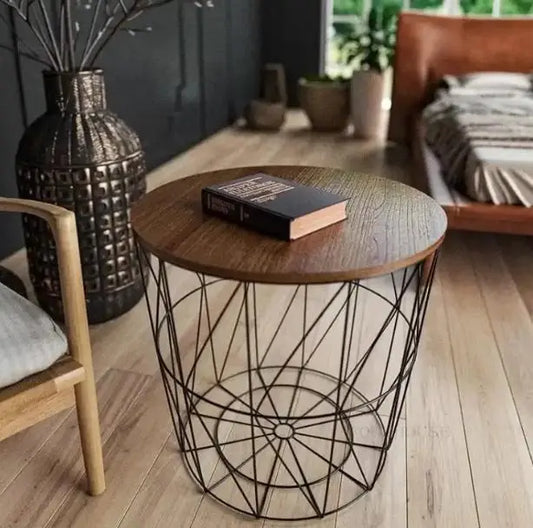 Round Metal Wire Coffee Table with Removable Wood Top and Side Storage Basket Bazm-e-Decor