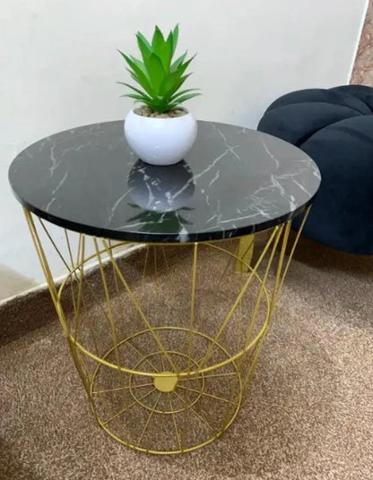 Round Metal Wire Coffee Table with Removable Wood Top and Side Storage Basket Bazm-e-Decor