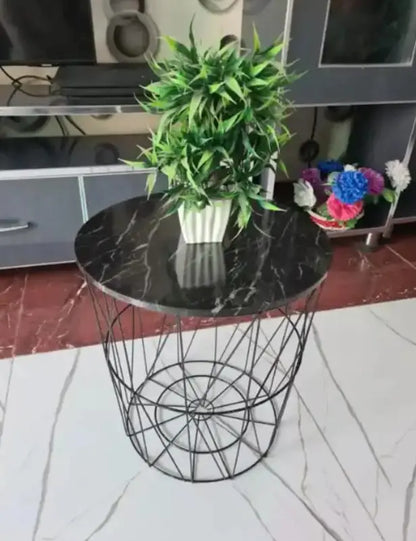 Round Metal Wire Coffee Table with Removable Wood Top and Side Storage Basket Bazm-e-Decor