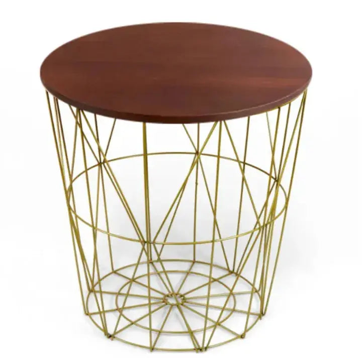 Round Metal Wire Coffee Table with Removable Wood Top and Side Storage Basket Bazm-e-Decor