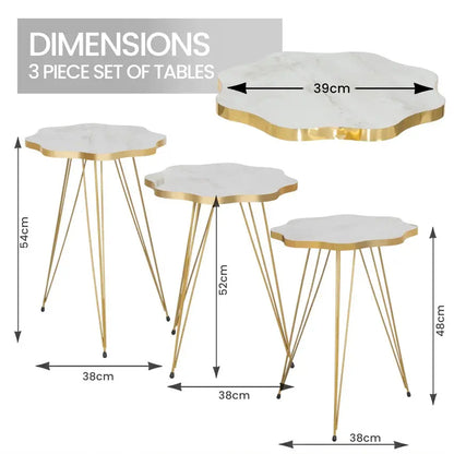 Set of 3 Nesting Coffee Tables – Round MDF Wooden Marble Finish with Metal Legs, Modern Living Room Side Tables Bazm-e-Decor