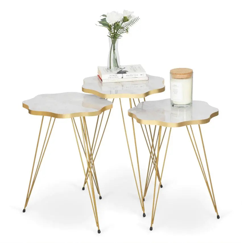 Set of 3 Nesting Coffee Tables – Round MDF Wooden Marble Finish with Metal Legs, Modern Living Room Side Tables Bazm-e-Decor